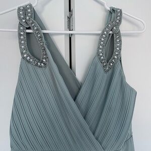 Sage green floor length wedding guest dress